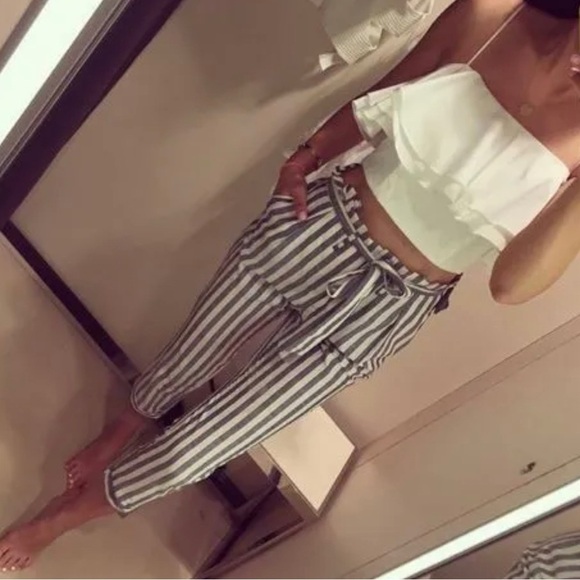 Tie Waist Belted Cigarette Trousers Striped Pants - Picture 1 of 8